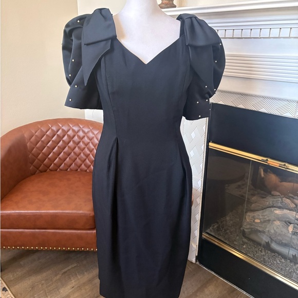 late edition Dresses & Skirts - Ice Black Midi Dress with Pearl-Embellished Puff Sleeves